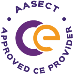 AASECT approved CE provider logo. It is a circular image with a purple and orange gradient in the background. In the center of the circle, the text “AASECT Approved CE Provider” is written in white lettering.