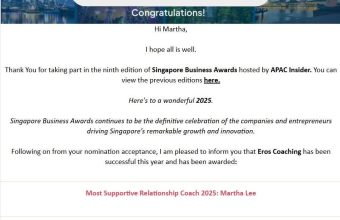 Eros Coaching Awarded Most Supportive Relationship Coach 2025 by APAC Insider